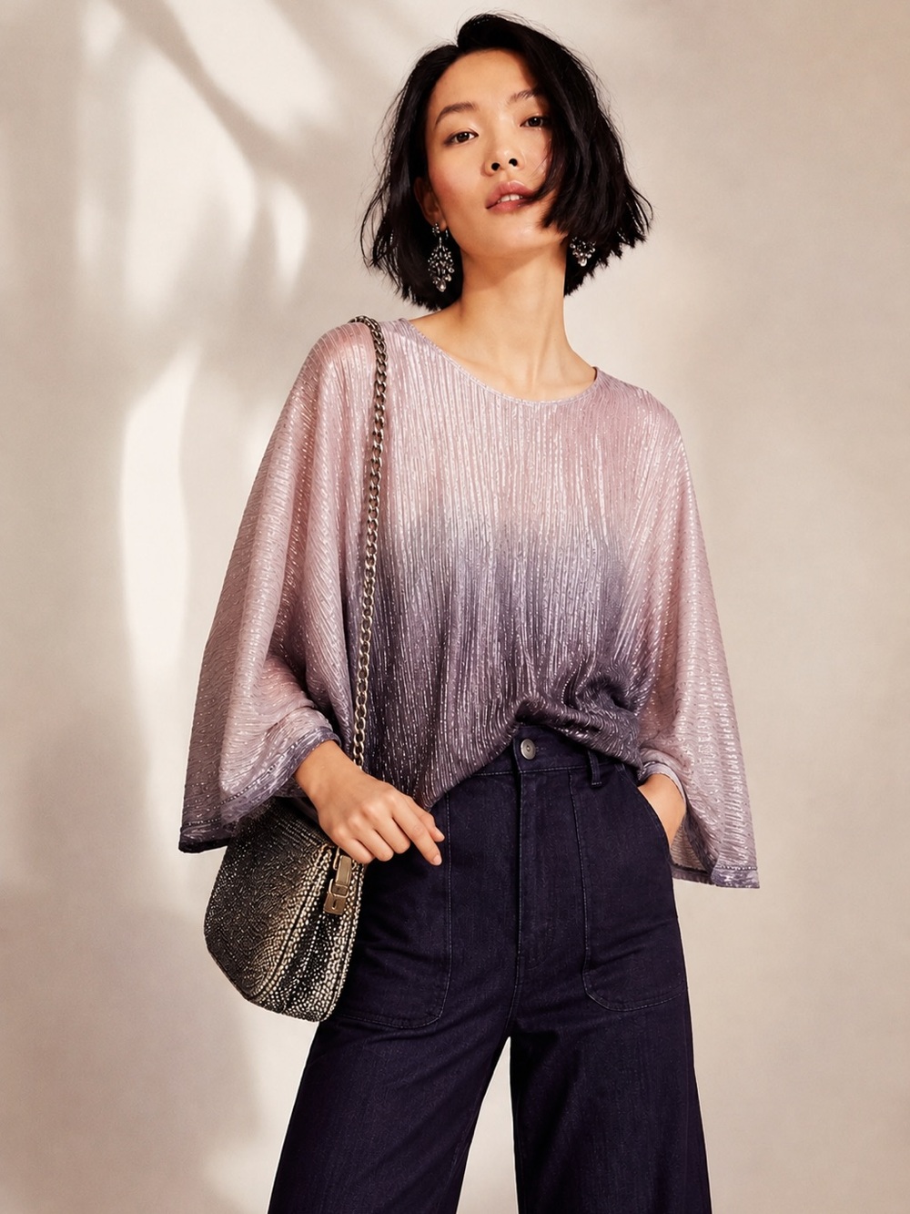 Anthropologie Serena Plisse Shimmer Ombre Wide Sleeve Blouse Top Medium